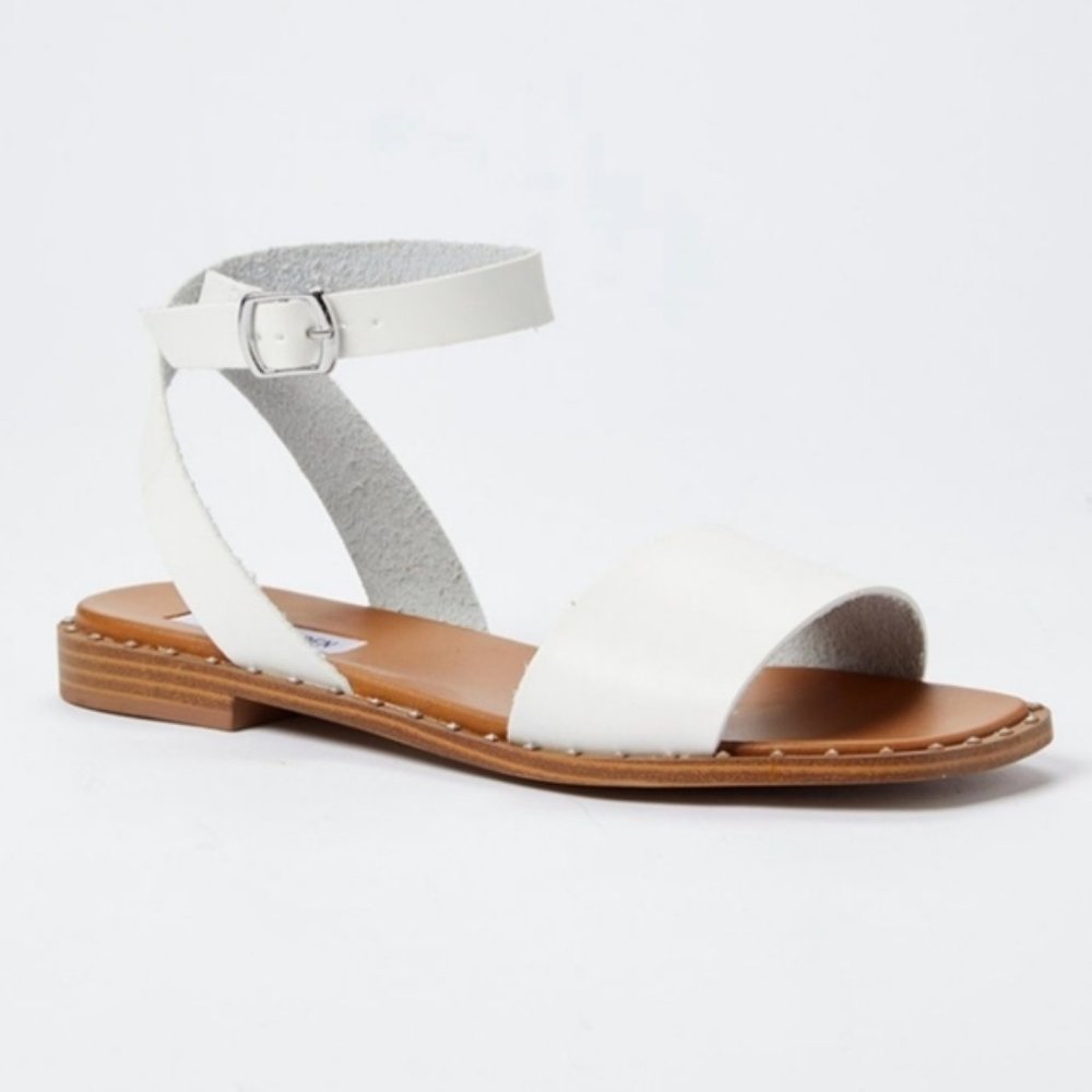 Steve Madden White Leather Ankle-Strap Flat Sandals
